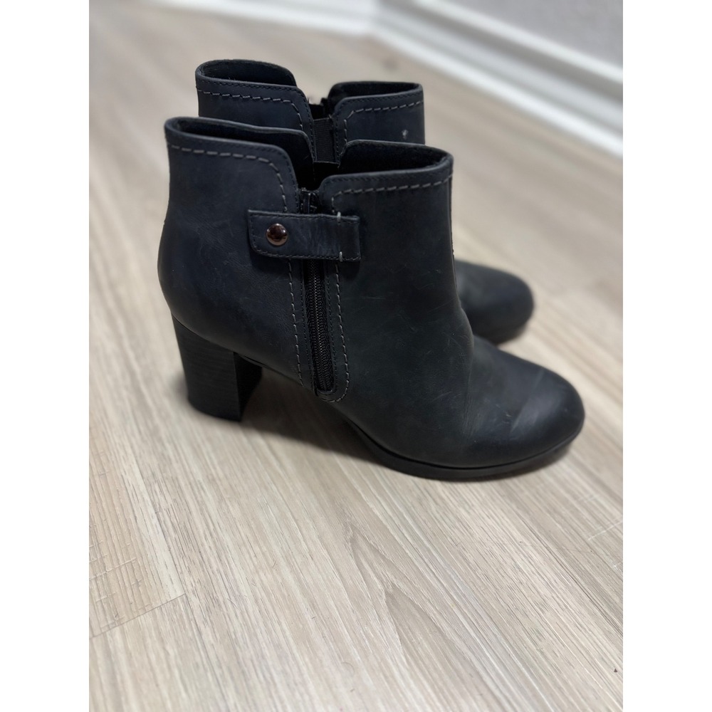 Clarks Collection Black Leather Ankle Boots Block Heel Side Zip 8.5 261759724060